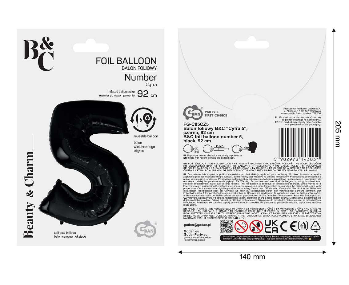 Foil balloon B&C digit 5, black, 92 cm